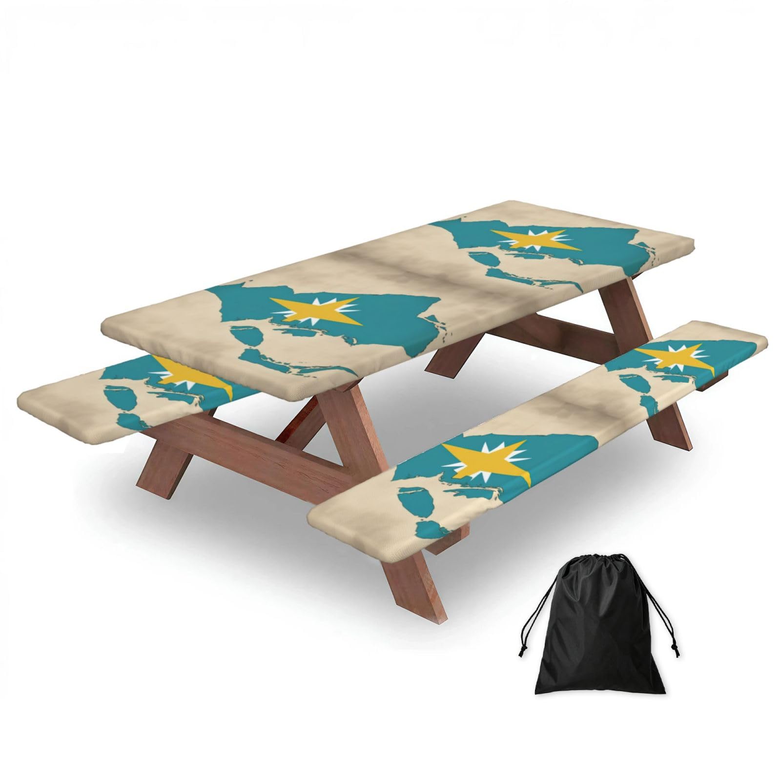 Duwaa Black Bahamas Flag Map With Islands Print 183Cm Picnic Table Cover With Bench Covers, Waterproof Elastic Tablecloth Set For Outdoor