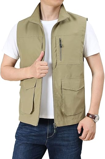 Hixiaohe Mens Casual Lightweight Outdoor Vest Work Fish Photo Travel Golf Vest Zip up Sleeveless Jacket with Pockets