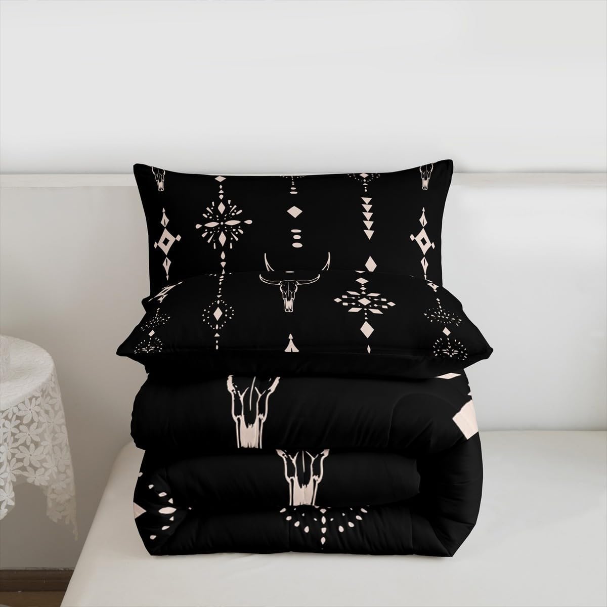 Erosebridal Western Queen Comforter Set Southwestern Decor Rustic Bedding Set | Longhorn Skull Boho Aztec Down Comforter Abstract Geometric Bohemian Quilt,Black - Image 7