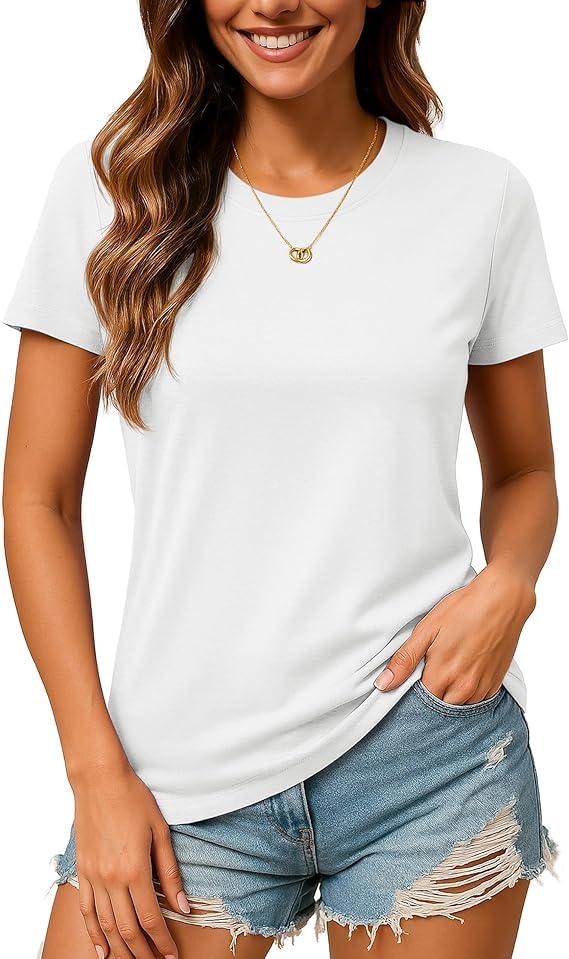 TACVASEN Damen T-Shirt Baumwolle Rundhals Sommer Tshirt Basic Oberteil Lässig Shirt Kurzarm Cotton Einfarbig Tops