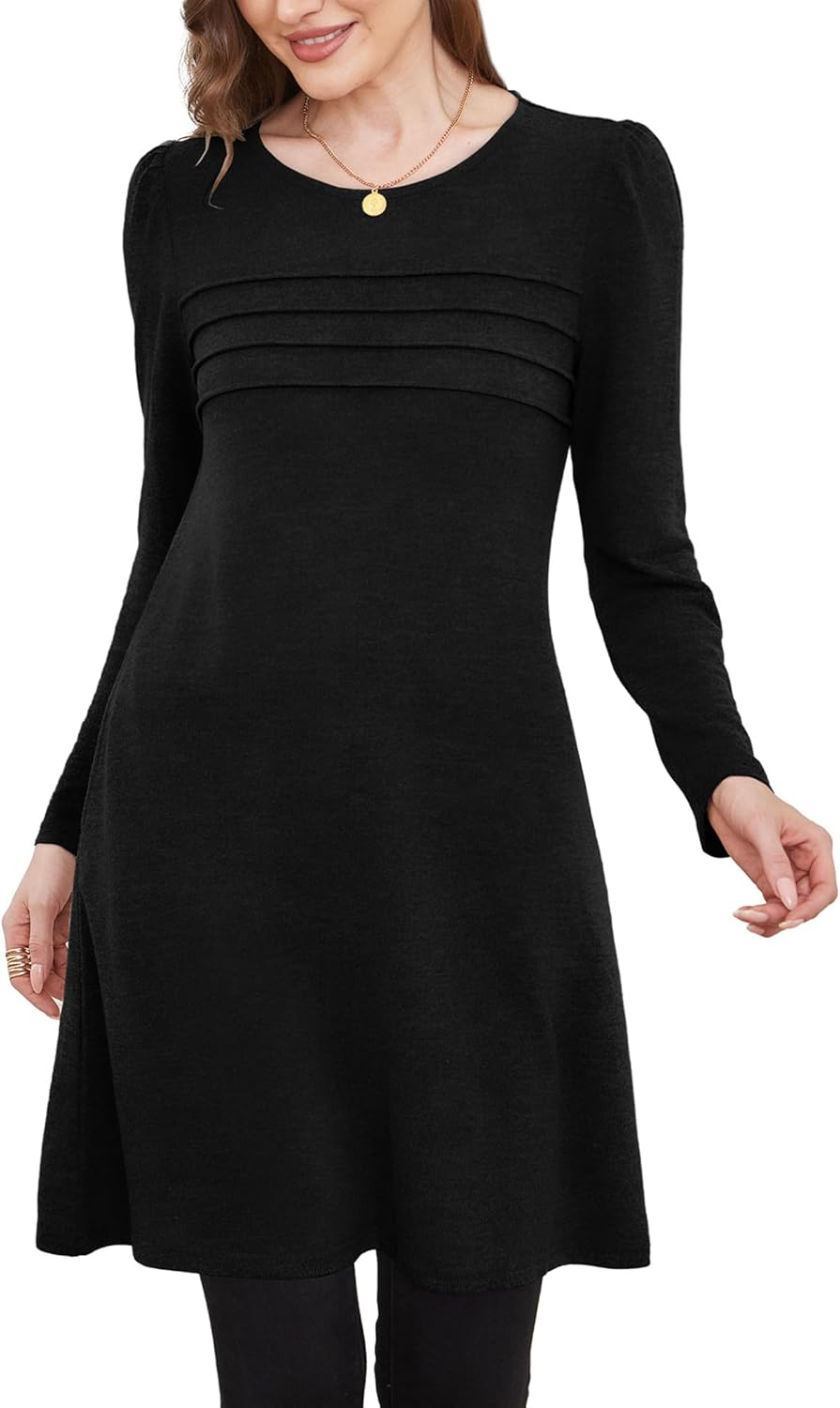 OFEEFAN Womens Long Sleeve Tunic Dress Fall Fashion Sweater Dress with Pockets Pleated Front Casual Winter - Image 3
