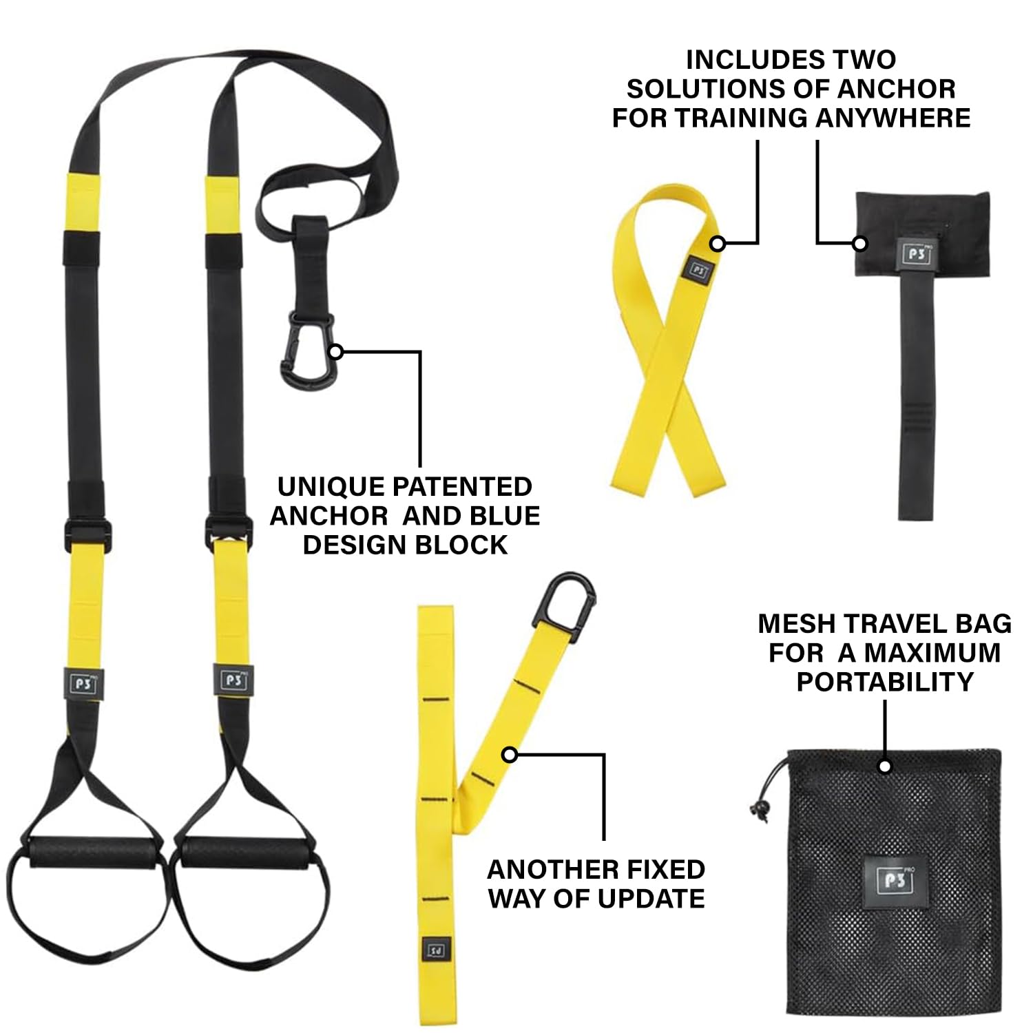 IRONWILL Sistema de Entrenamiento en Suspensión Profesional, Kit de Correas de Resistencia con Anclajes Patentados, Bolsa de Transporte de Malla, Negro y Amarillo