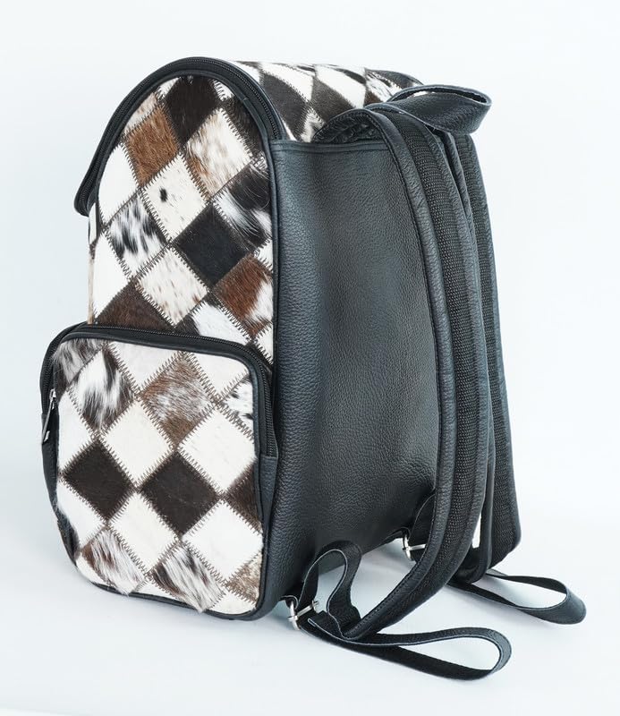 Western Black Patchwork Cowhide Leather Backpack - Everyday Travel Backpack - Genuine Leather Cow Print Checkered Diaper Bag4