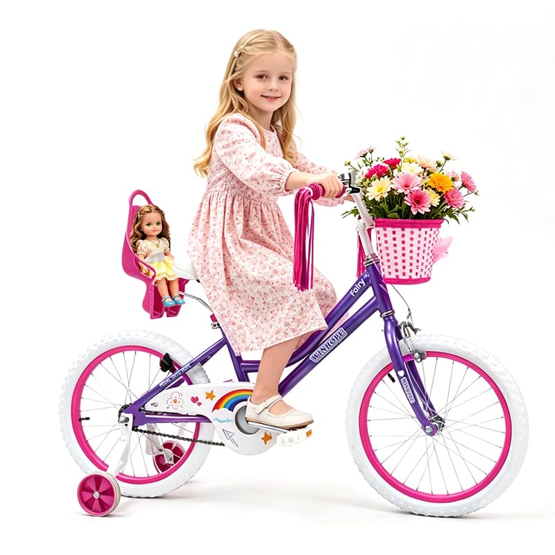 Image of WinHope Girls Bike with Doll Seat, 12 14 16 18 20 Inch Kids Bike for 2-12 | Dual Brake with Training Wheels / Kickstand & Streamers Birthday Gift for Toddler Outdoor Riding, Multiple Colors