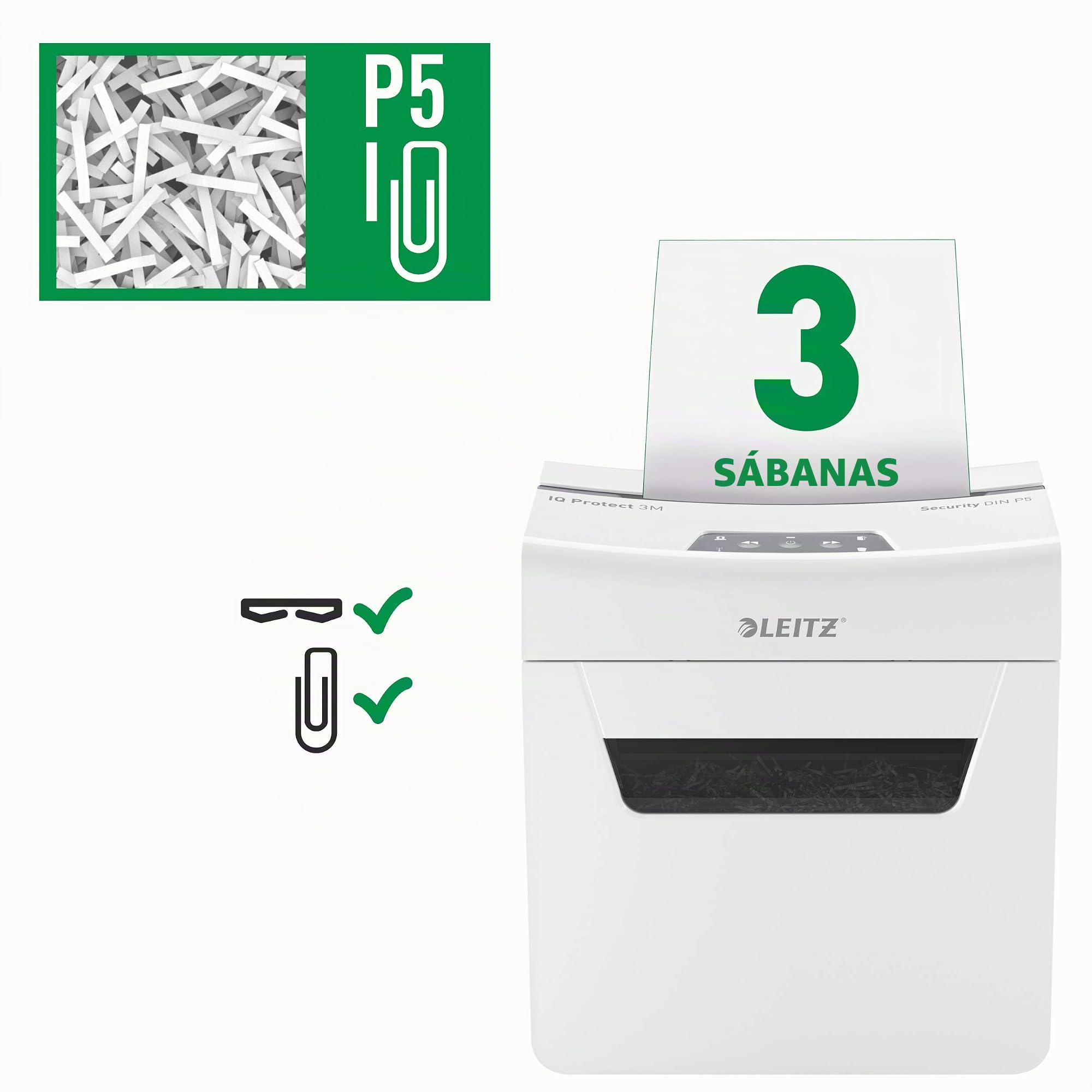 Leitz IQ 3M Premium Destructora de Papel con Corte en Micropartículas P5, 3 Hojas, Papelera Extraíble de 10 L, Gama de Protección, Blanca, 80930000