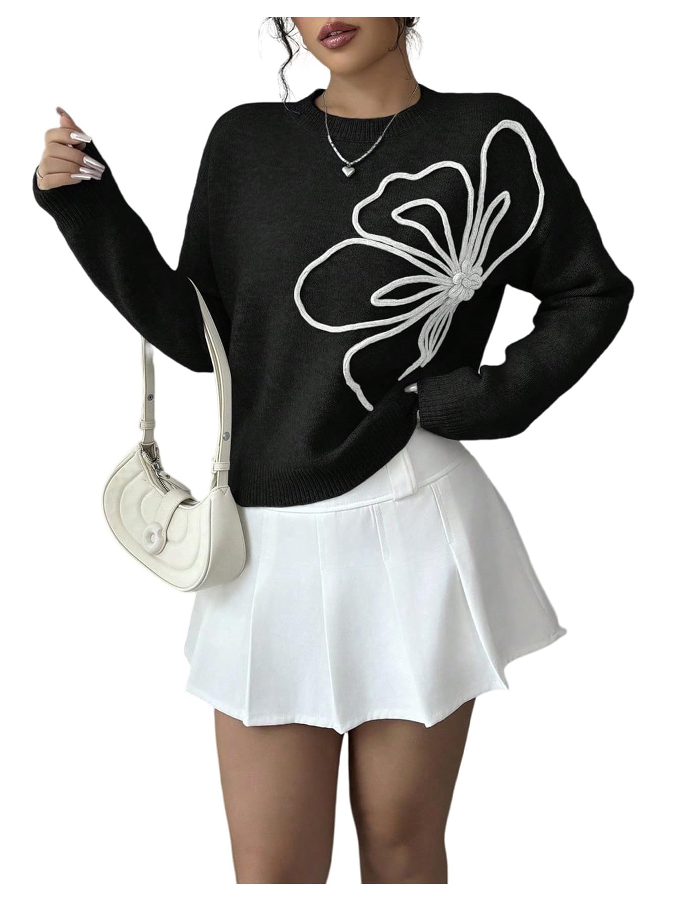 RoseSeek Women's 3D Floral Appliques Sweaters Long Sleeve Knit Tops