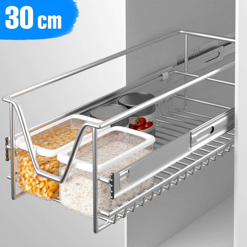 BAKAJI Lot de 2 tiroirs télescopiques à tiroirs télescopiques, meubles de cuisine, panier, étagère amovible, avec rail en acier inoxydable (30 cm, lot de 2 pièces)