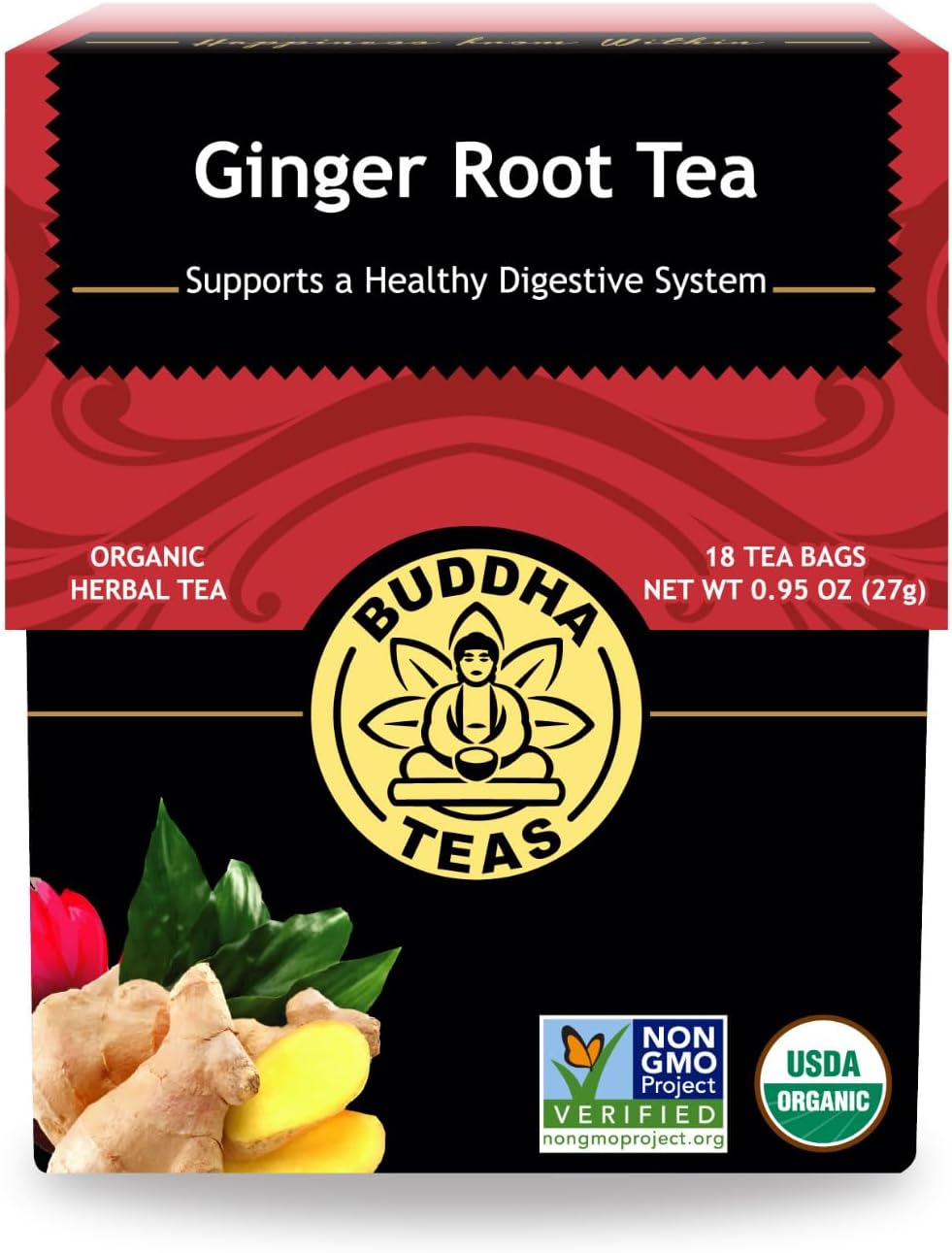 Buddha Teas - Organic Ginger Root Tea - Herbal Tea - For Health & Wellbeing - With Antioxidants & Minerals - Clean Ingredients - Caffeine Free - OU Kosher & Non-GMO - 18 Tea Bags (Pack of 1)