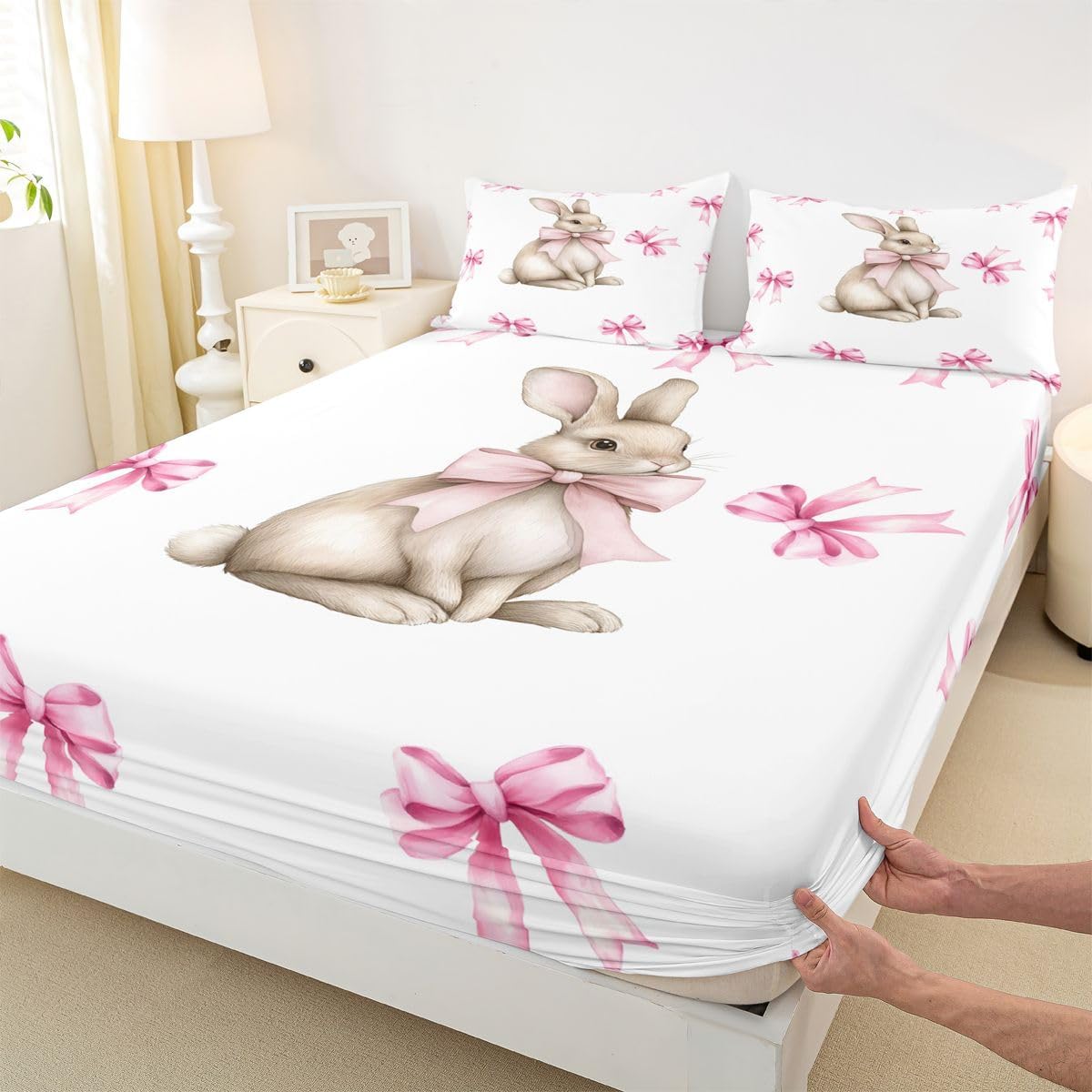 Feelyou Rabbit Bed Sheets Set Queen Size Cute Pink Bow Bed Set for Kids Girls Funny Animal Theme Deep Pocket Fitted Sheet Lovely Pet Soft Lightweight Nature Theme