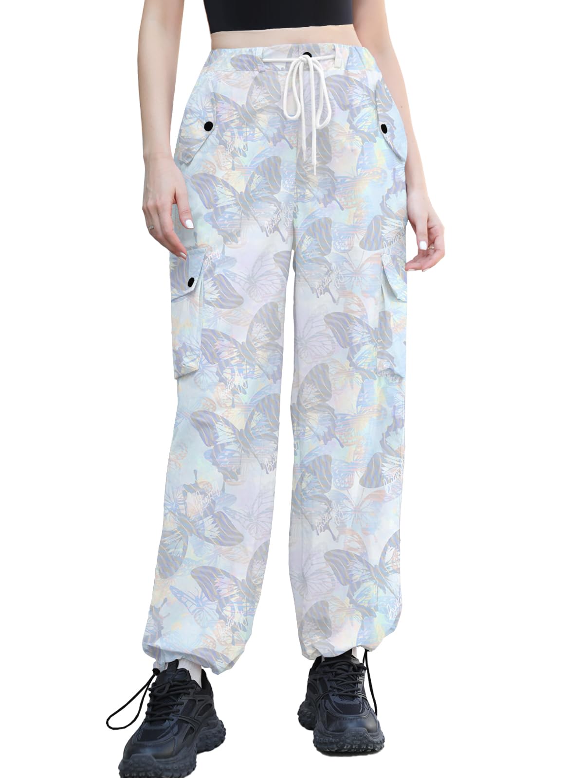 Cromoncent Cargo Pants Girls &amp; Women Parachute Pants Y2K Baggy Rave Clothes Waterproof with Pockets