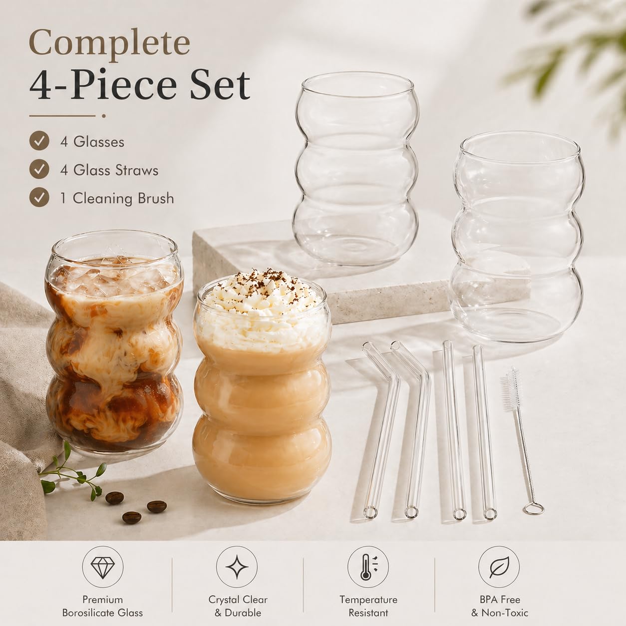 ALINK Juego de 4 vasos de burbuja, vasos acanalados de 550 ml, de cristal ondulado, para latte macchiato, vasos de café helado, vasos de cóctel
