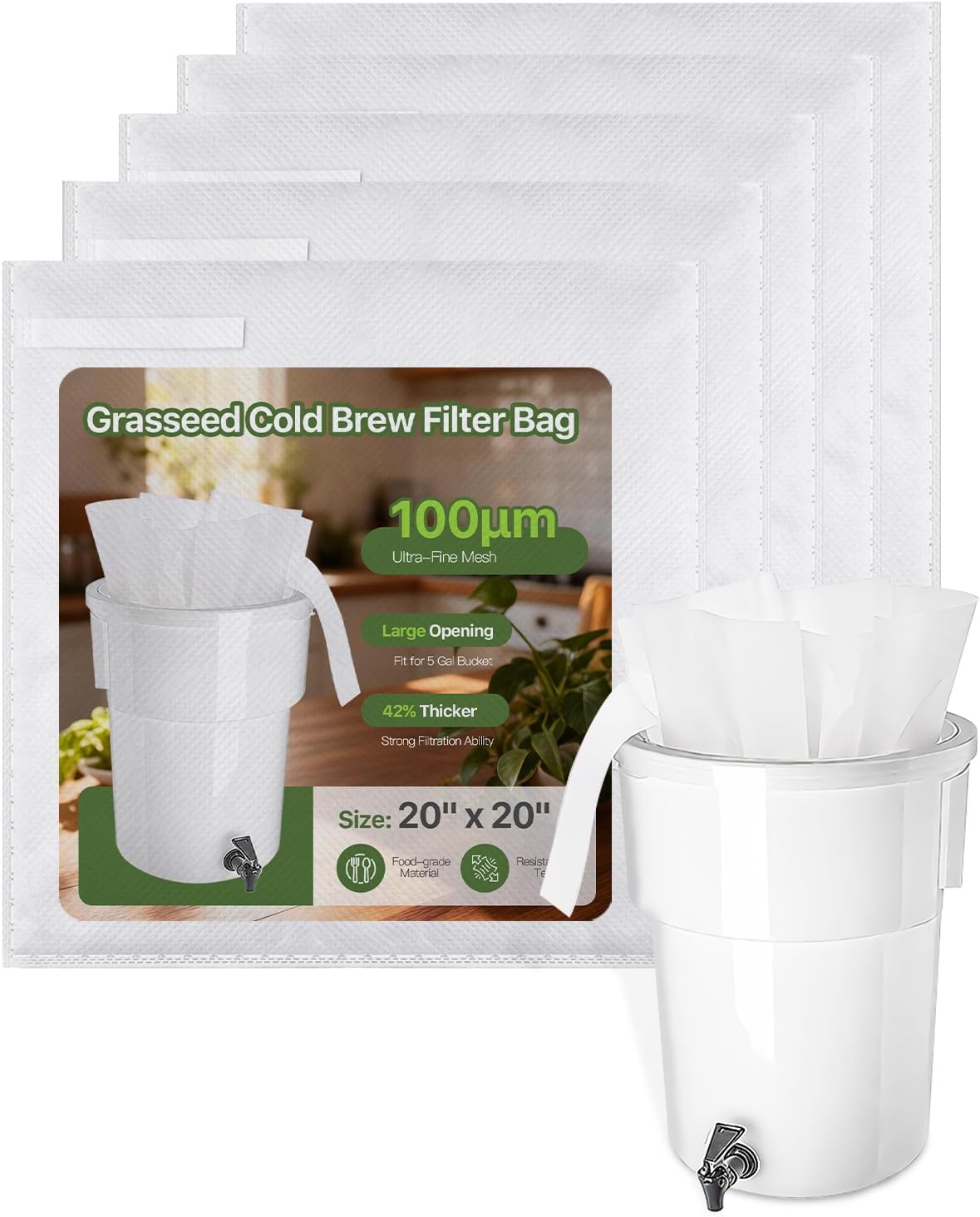 Grasseed Cold Brew Filter Bags for Toddy Commercial Coffee Makers, Commercial Cold Brew Bag with Straps Fits 5 Gallon System, 20" x 20", 25Pack