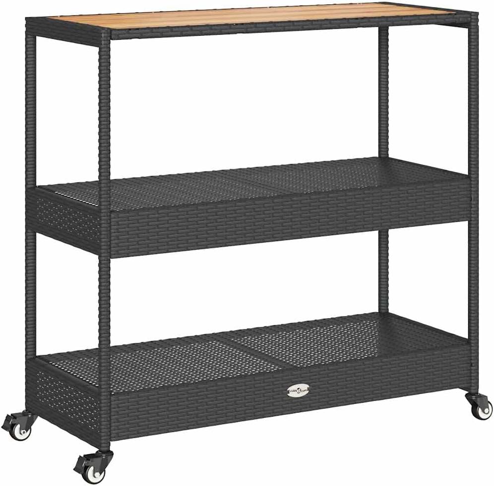 vidaXL Bar Cart 3-Tier Trolley - Black Poly Rattan & Solid Acacia Wood - Indoor/Outdoor Serving Cart with Shelves & Casters - 39.8"x15.7"x39.4"