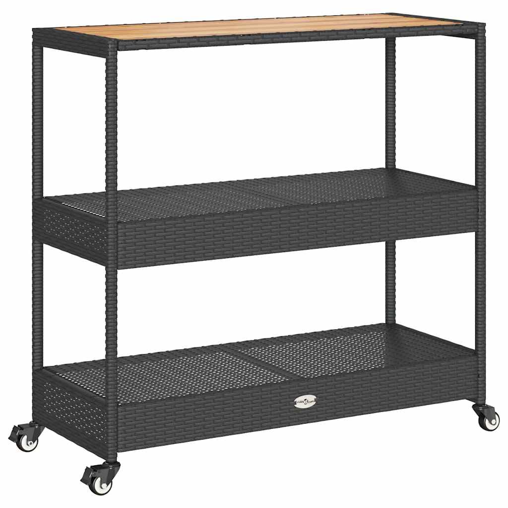 Carrello da portata con ruote e 3 ripiani in polyrattan e legno di acacia, come carrello da bar e carrello per bevande per interni ed esterni