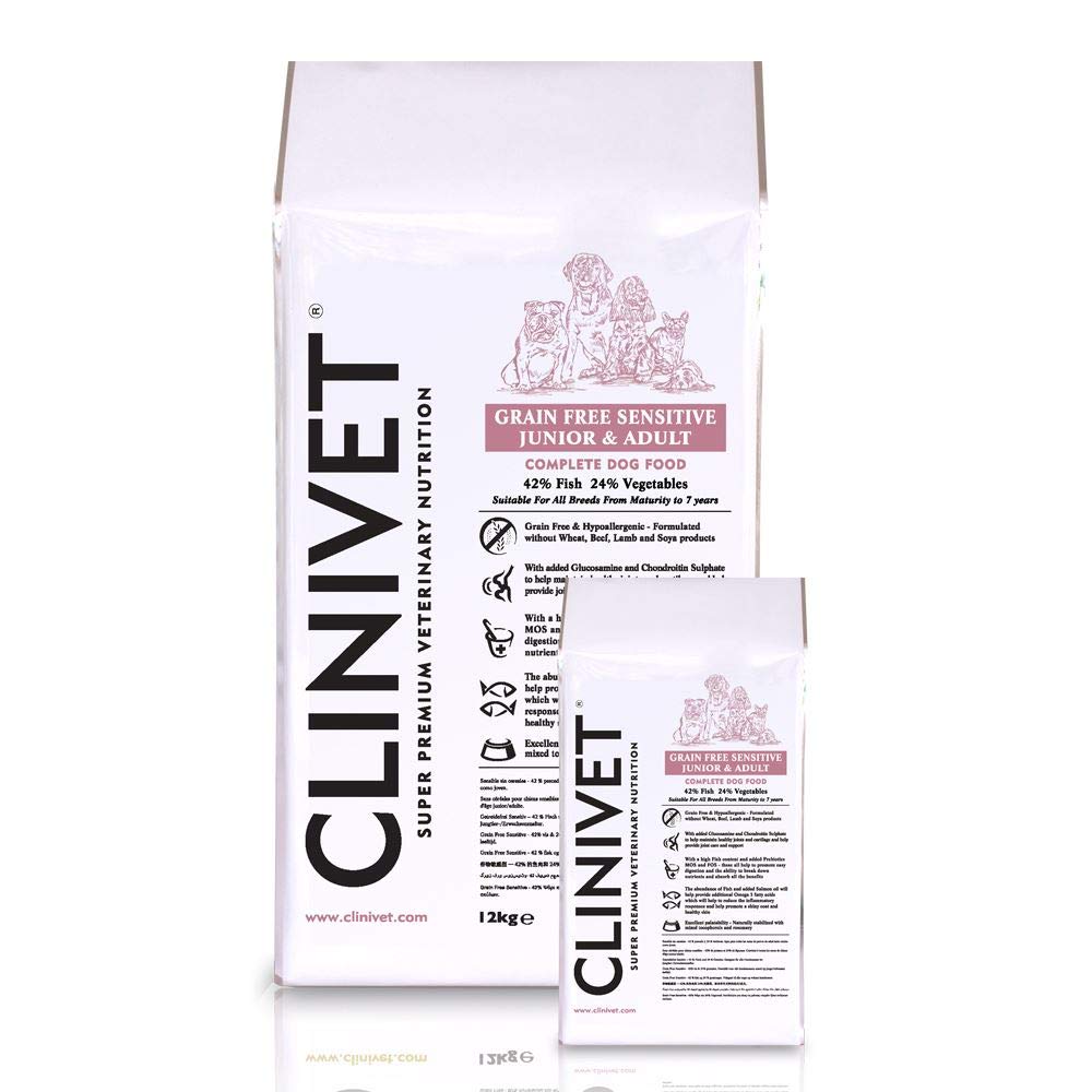 Clinivet Grain Free Sensitive Junior and Adult Super Premium Natural Hypoallergenic Complete Dog Food - Fish and Vegetables, 2kg