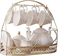 fanquare 15-Piece Elegant White Ceramic Tea Set with Bone China Cups, Teapot, Spoons - Afternoon Tea Service for 6