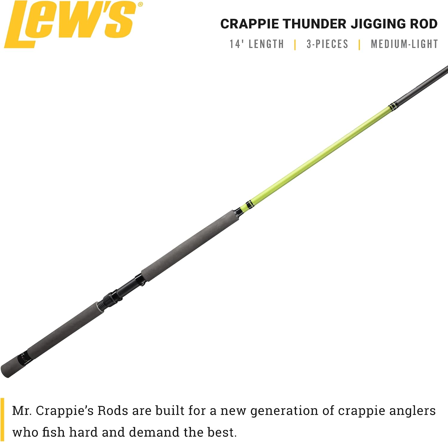 Lew's Crappie Thunder Jigging Fishing Rod, Medium Light Power, Fast Action, Premium Multi-Piece Graphite Blank, EVA Foam Handle, Crappie Thunder Green