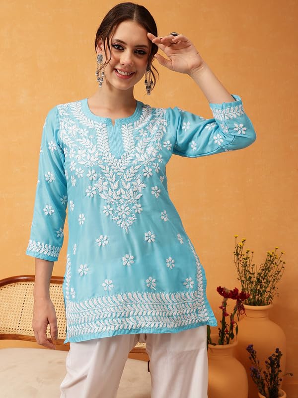 Image of Ada Hand Embroidered Lucknowi Chikankari Muslin Top for Women A911420 | Lucknowi Short Kurta Kurti Tunic Casual Wear Ethnic Wear Chikan Work Straight handcrafted top Kurti for Office