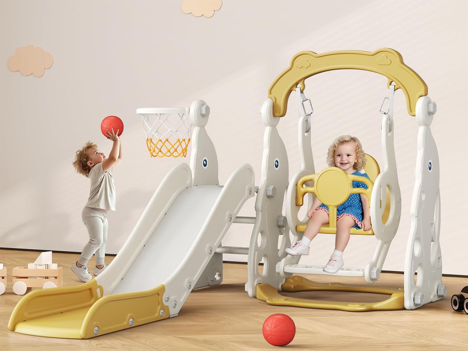 Toddler Slide, 4 in 1 Toddler Playset - Upgrade with Kids Slide, Swing, Basketball Hoop and Storage Space for Age 1-3, Indoor and Outdoor Playground (Khaki)
