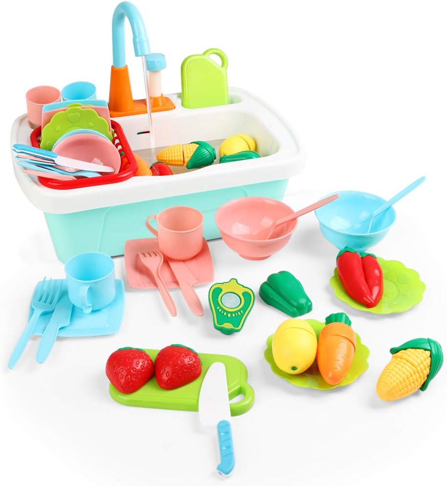 Kitchen Sink Toys 24PCS Pretend Play Wash Up Kitchen Toys Dishwasher Cutting Toys Kitchenware Press Water Faucet & Drainm Play House Pretend Role Play Toys for Boys Girls