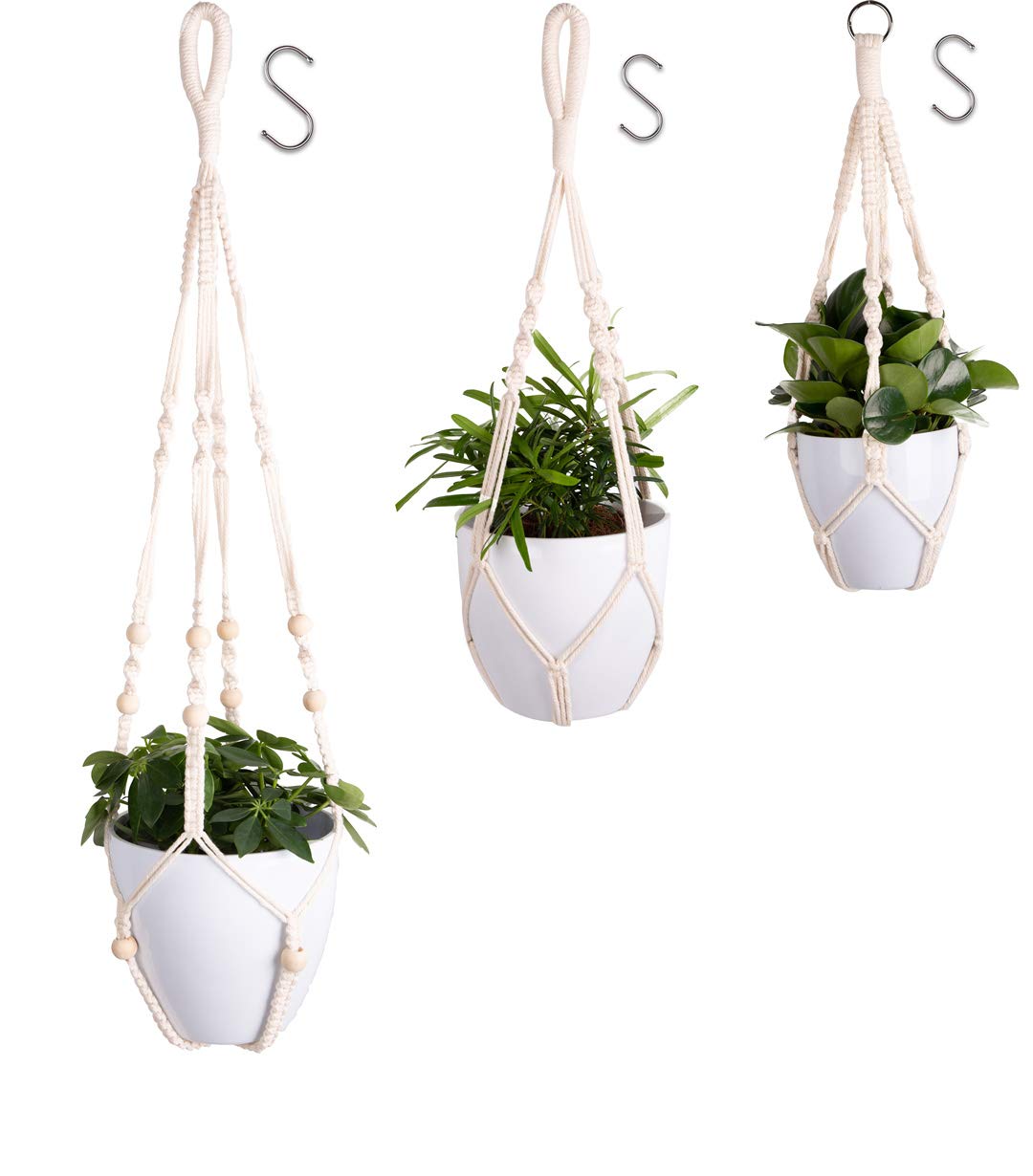 Oligate 3Pcs Macrame Plant Hangers Indoor Hanging Planter Basket Flower Pot Holder with Beads No Tassel for Home Decor, 19"/23"/33"