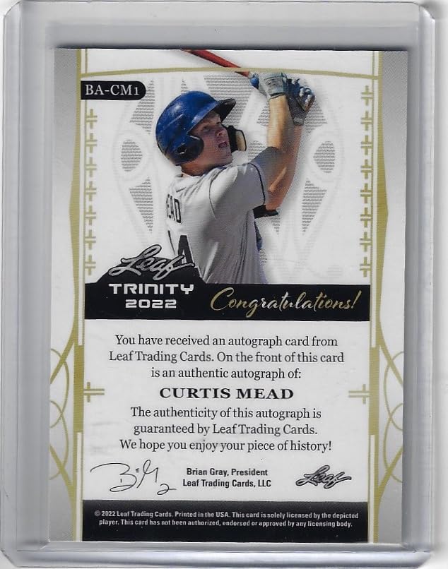 Curtis Mead Autographed & Serial Numbered #36/99 Leaf X Rookie Card Parallel Collectible Baseball Card - 2022 Leaf Trinity Baseball Card #BA-CM1 (Rays)