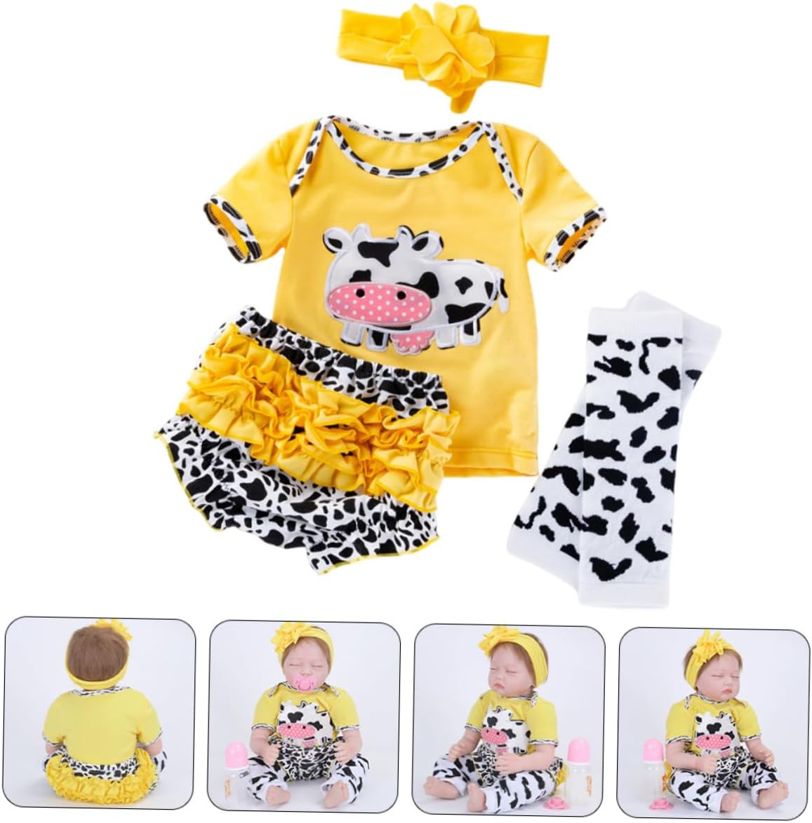 Milisten Reborn Baby Dolls Clothing Yellow Cow Baby Girl Outfit Set Includes T-Shirt Pants Hairband Stockings