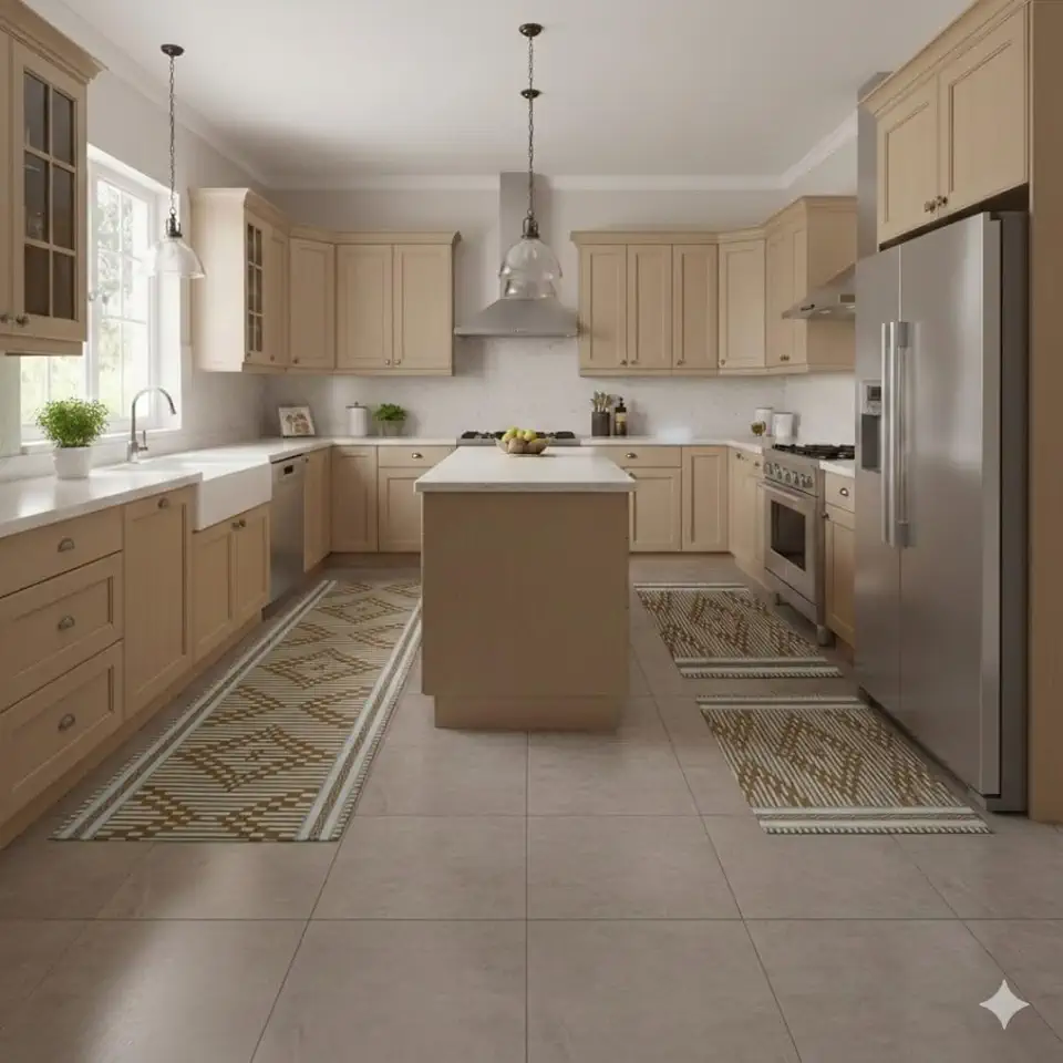 Kit de Tapetes para Cozinha, 3 Peças, Tecido Rústico de Algodão, Tear Mineiro, Base Antiderrapante Emborrachada, 2 Tapetes 40x75cm e 1 Passadeira 40x144cm (LOSANGO)