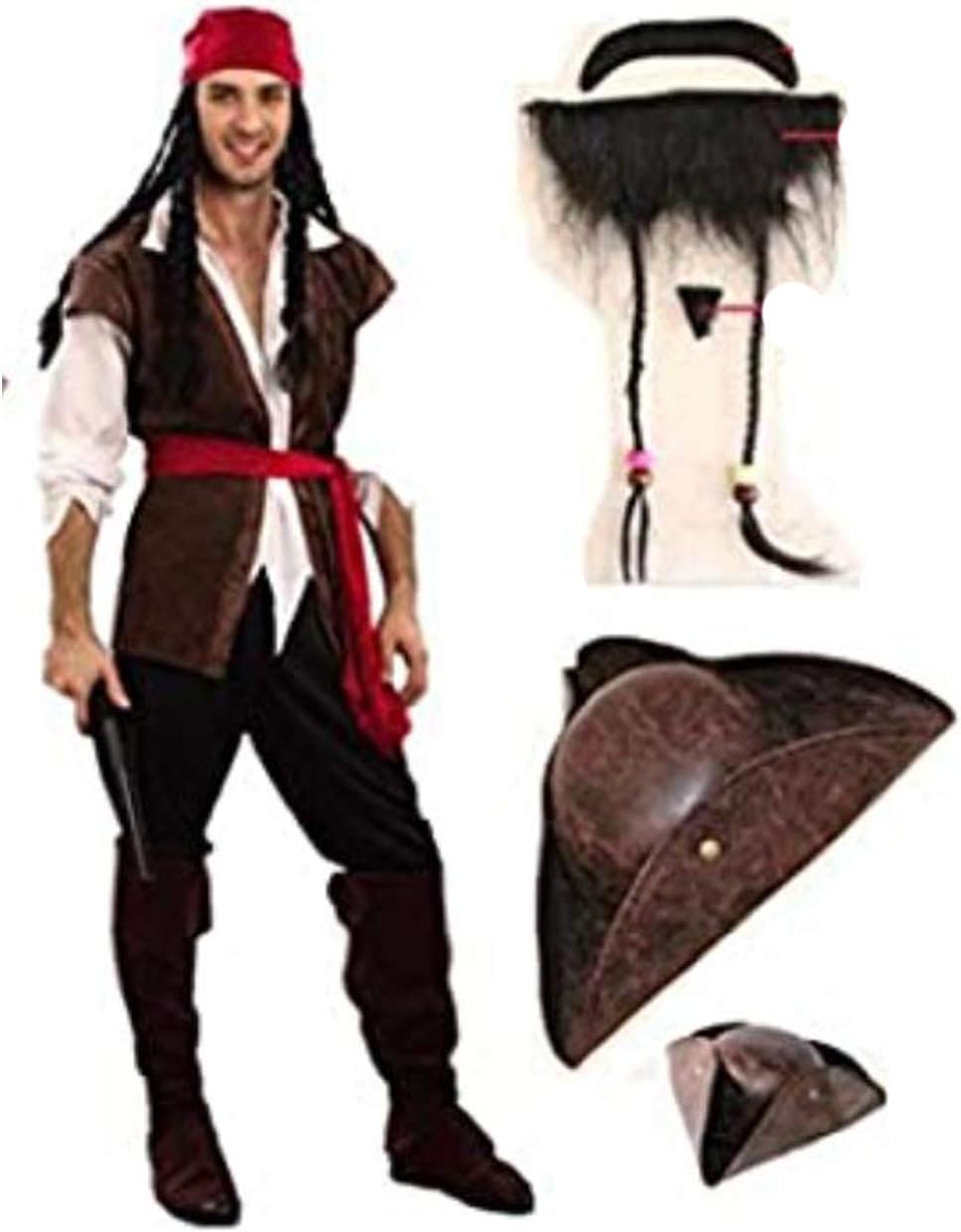 ジャック・スパロウ 完全版 ！！【 海賊 パイレーツ コスチューム 】ひげ3個 海賊帽 多機能海賊バンダナ 豪華セット コスプレ衣装 パーティー 結婚式 二次会 余興 ハロウィン 演出 サイズ：X-Large (9点セット)