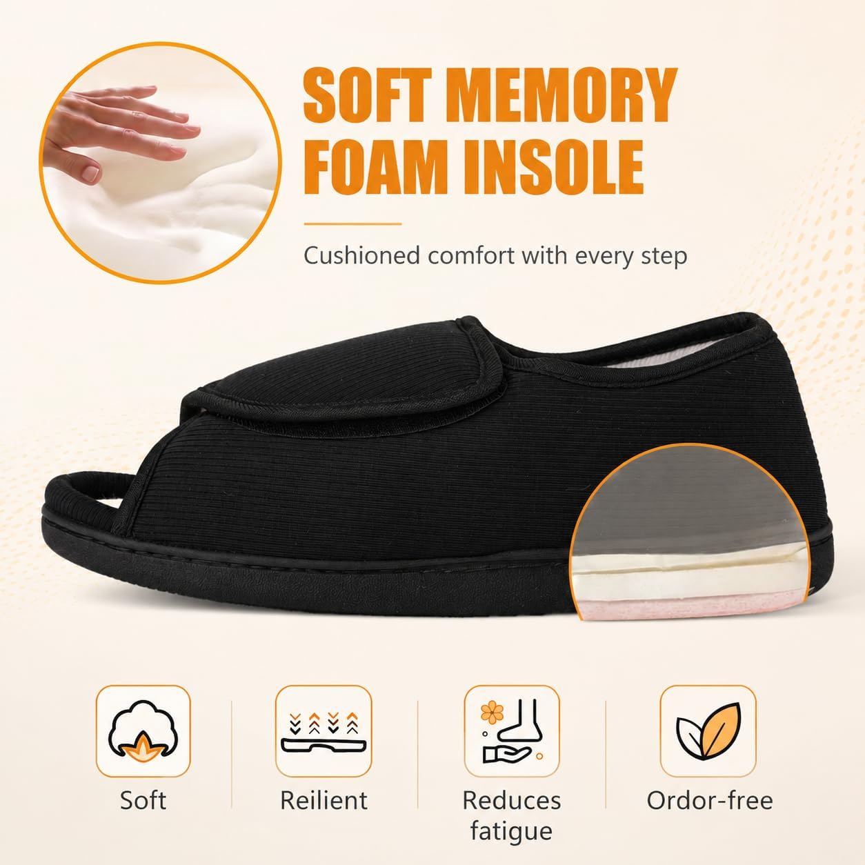 TIESTRA Men's Diabetic Open Toe House Slippers,Breathable Linen Memory Foam Cushion Sandals,Adjustable Edema Swollen Feet Comfort Slip-on Shoes,Indoor Outdoor Home Casual Wear