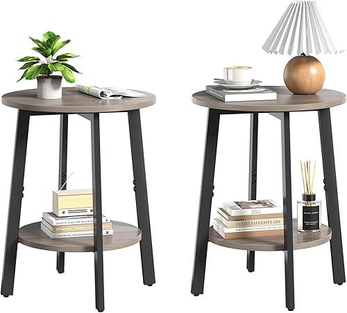 Miniatura 1 de Juego de 2 mesas auxiliares, mesa auxiliar redonda pequeña con estante de almacenamiento para espacios pequeños, mesita de noche de 2 niveles, mesa