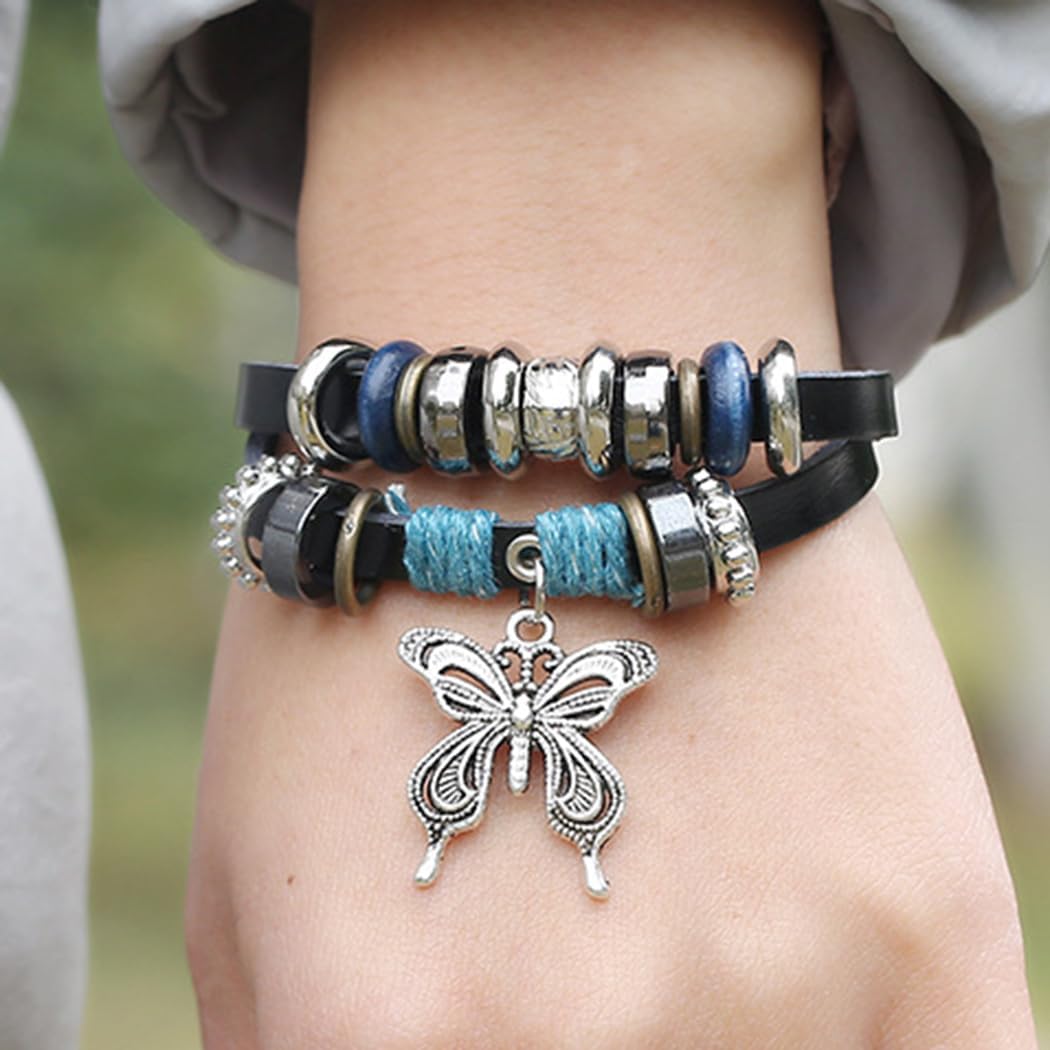 Leather Butterfly Bracelets Boho Beaded Bracelet Vintage Multilayer Bracelets Jewelry for Women - Image 2