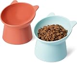 Amazon Basics Raised Cat Feeding Bowls, Cat Ear Shape, 2-Pack, 13.2 × 13.2 × 11.4 cm, Orange and Blue - 1