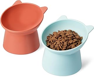 Amazon Basics Raised Cat Feeding Bowls, Cat Ear Shape, Tilted Design, Whisker-Stress Free, 5.2 x 5.2 x 4.5 in, Orange and Blue, 2-Pack