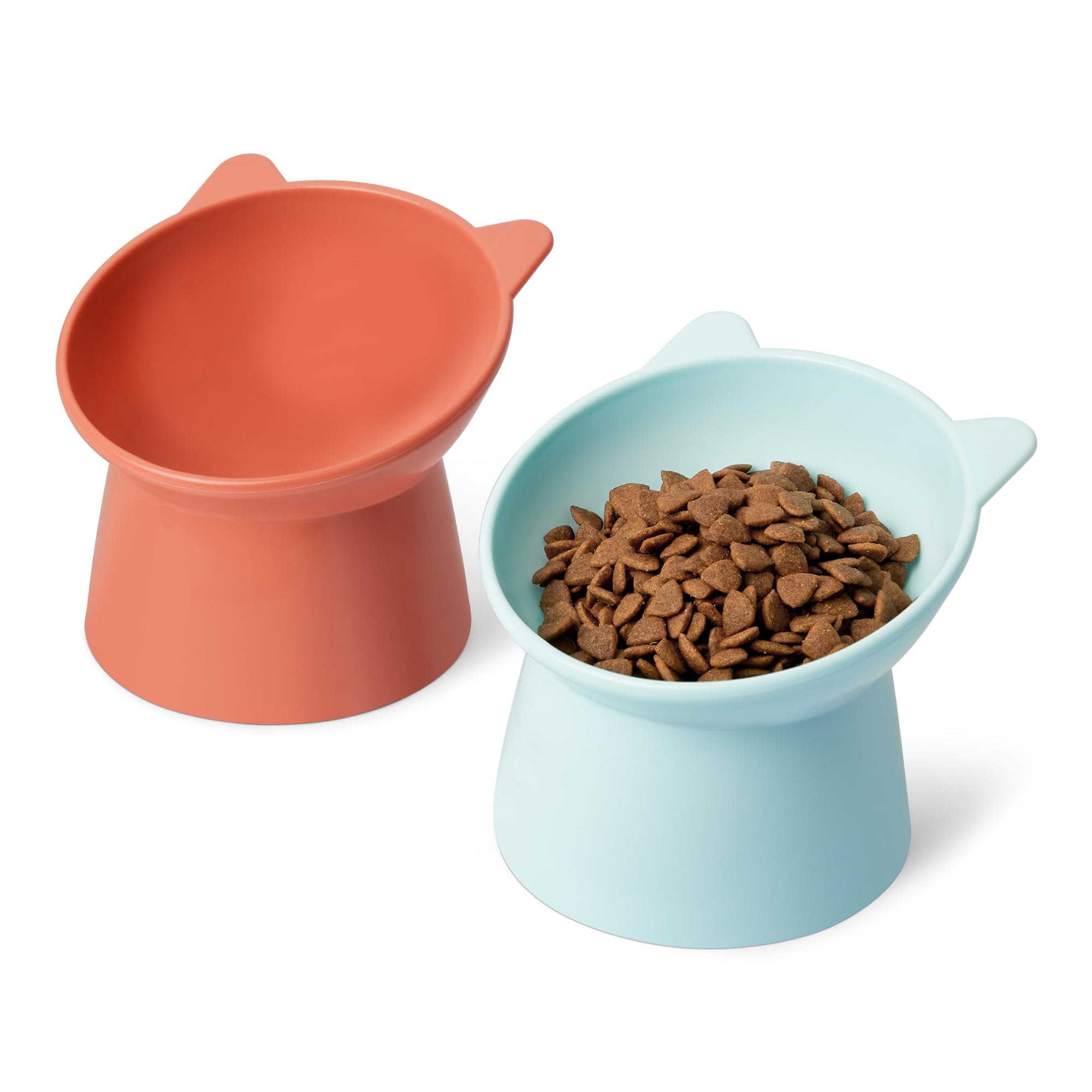 Amazon Basics, Ciotole Rialzate per Gatti, a Forma di Orecchio di Gatto, Confezione da 2, 13,2 × 13,2 × 11,4 cm, Arancione e Blu