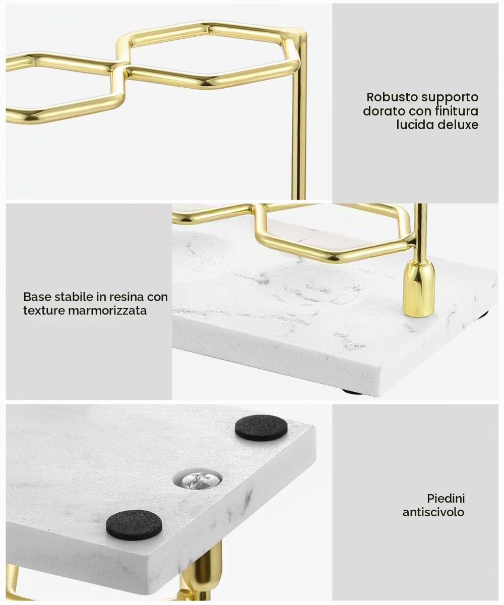 Emibele Portaspazzolino in Resina con 3 Slot, Porta Spazzolino Elettrico | Porta Spazzolino da Denti a Forma di Esagono, Supporto per Dentifricioda con Funzione di Drenaggio - Oro/Bianco