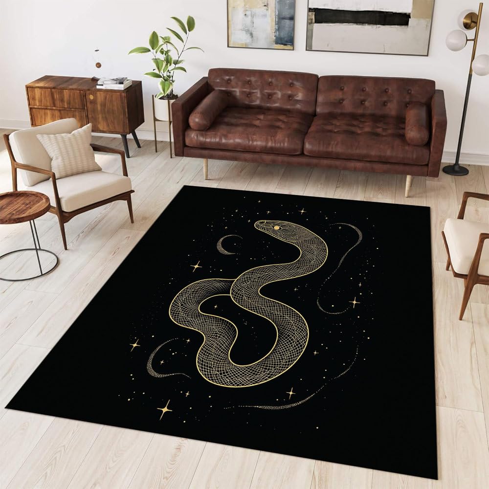 Tapis de salon serpent noir et doré tapis bohème lavable pour chambre