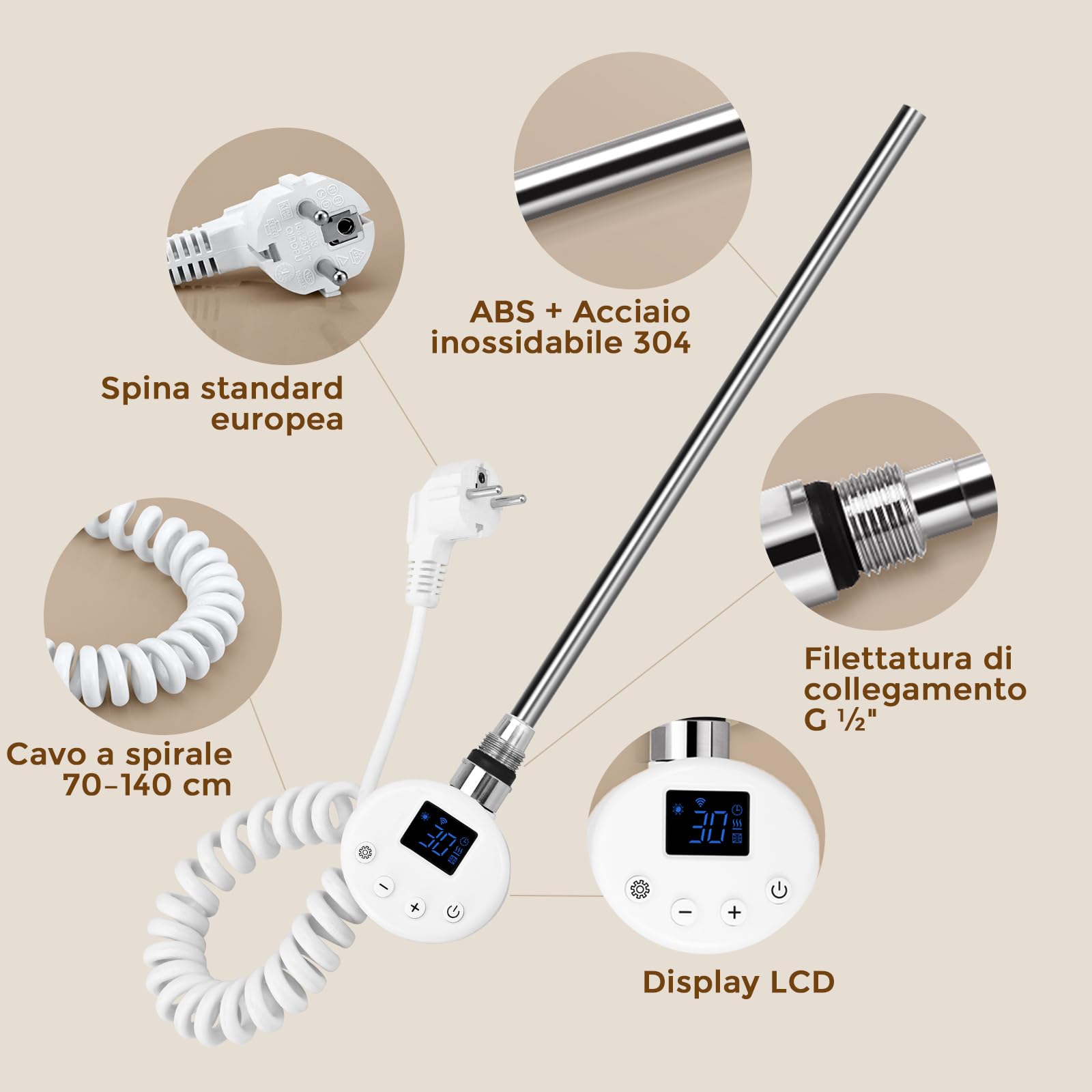 S'AFIELINA Resistenza Elettrica per Scaldasalviette 900W con Termostato | Resistenza per Termosifone Bagno in Acciaio Inox, WiFi, Timer Programmabile, Temperatura Regolabile, Bianco