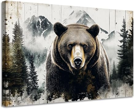CGXLB Grizzly Bear Canvas Wall Art Bear on Canvas Painting Black Wilderness Animal Picture Frame Poster for Bedroom Bathroom Decor 28"x42"
