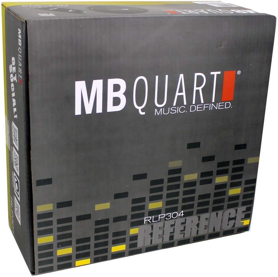 Rear view of MB Quart RLP304 subwoofer with detailed specifications on magnet