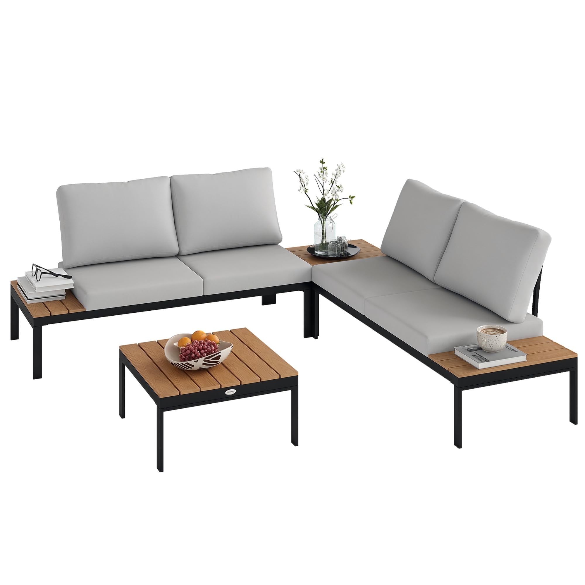 Outsunny Set Salotto da Giardino 4 Pezzi, 2 Divanetto 2 Posti, 2 Tavolini Caffè Quadrati, Legno e Cuscini Sfoderabili, Metallo e Legno Composito, Teak