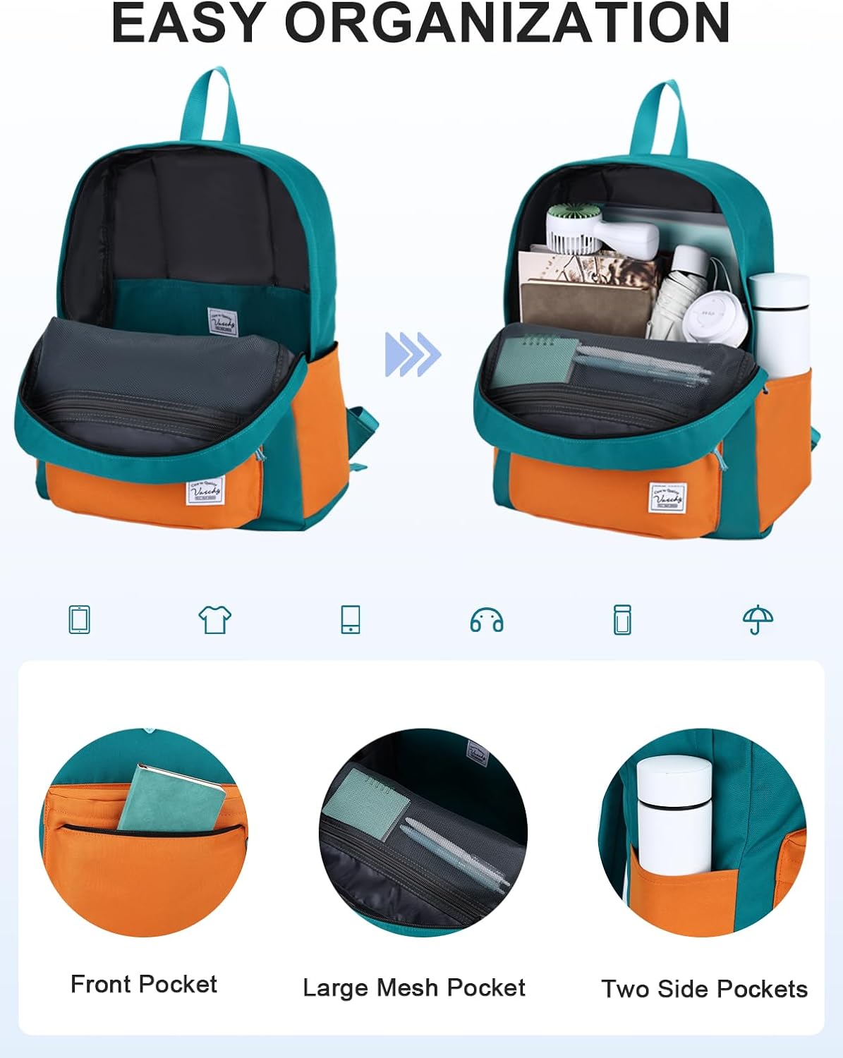 VASCHY Lightweight Backpack for School, Water Resistant Classic Bookbag with Side Pockets for Boys,Girls Kids,Teens Lake Green Tangerine