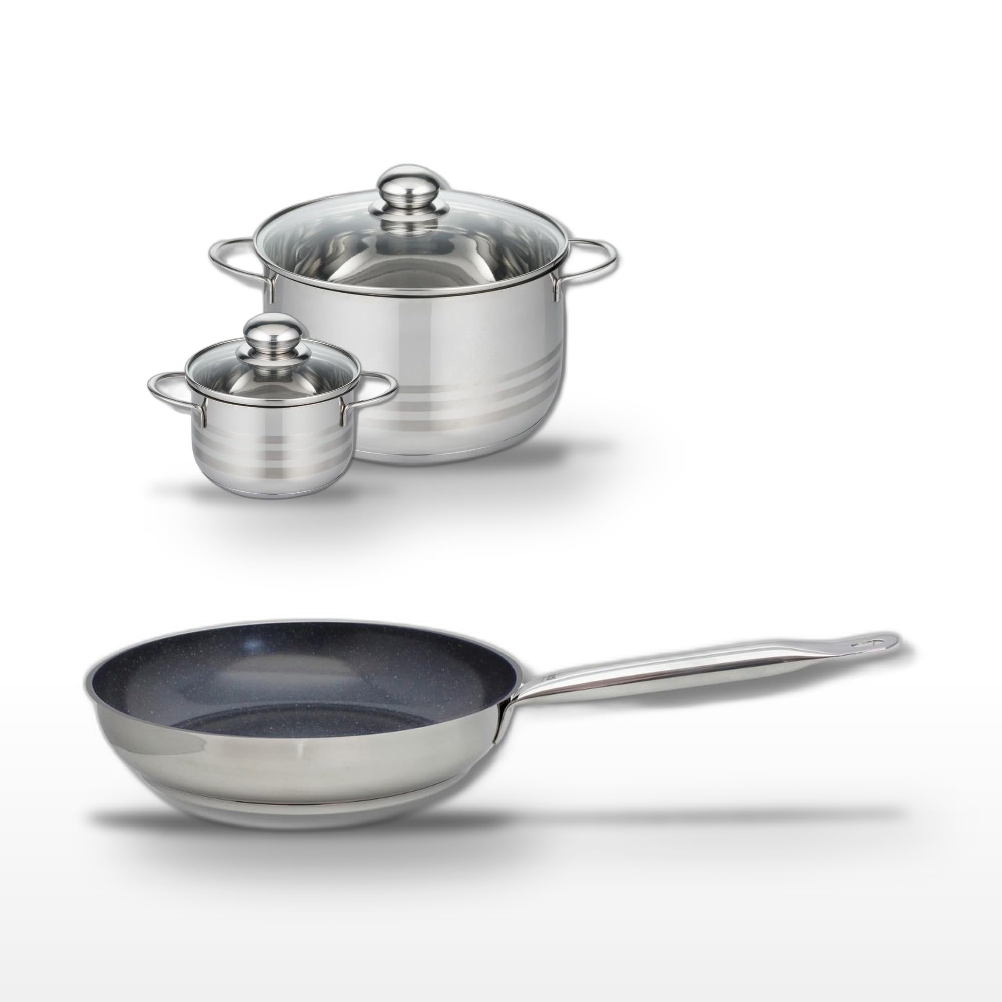 Elo Batterie cuisine poêle 24 cm et 2 faitouts 12/24 cm | Lot complet pour équiper la cuisson, 3 pièces en inox, Poêle 24 cm, Faitouts 12 et 24 cm, Induction four lave vaisselle