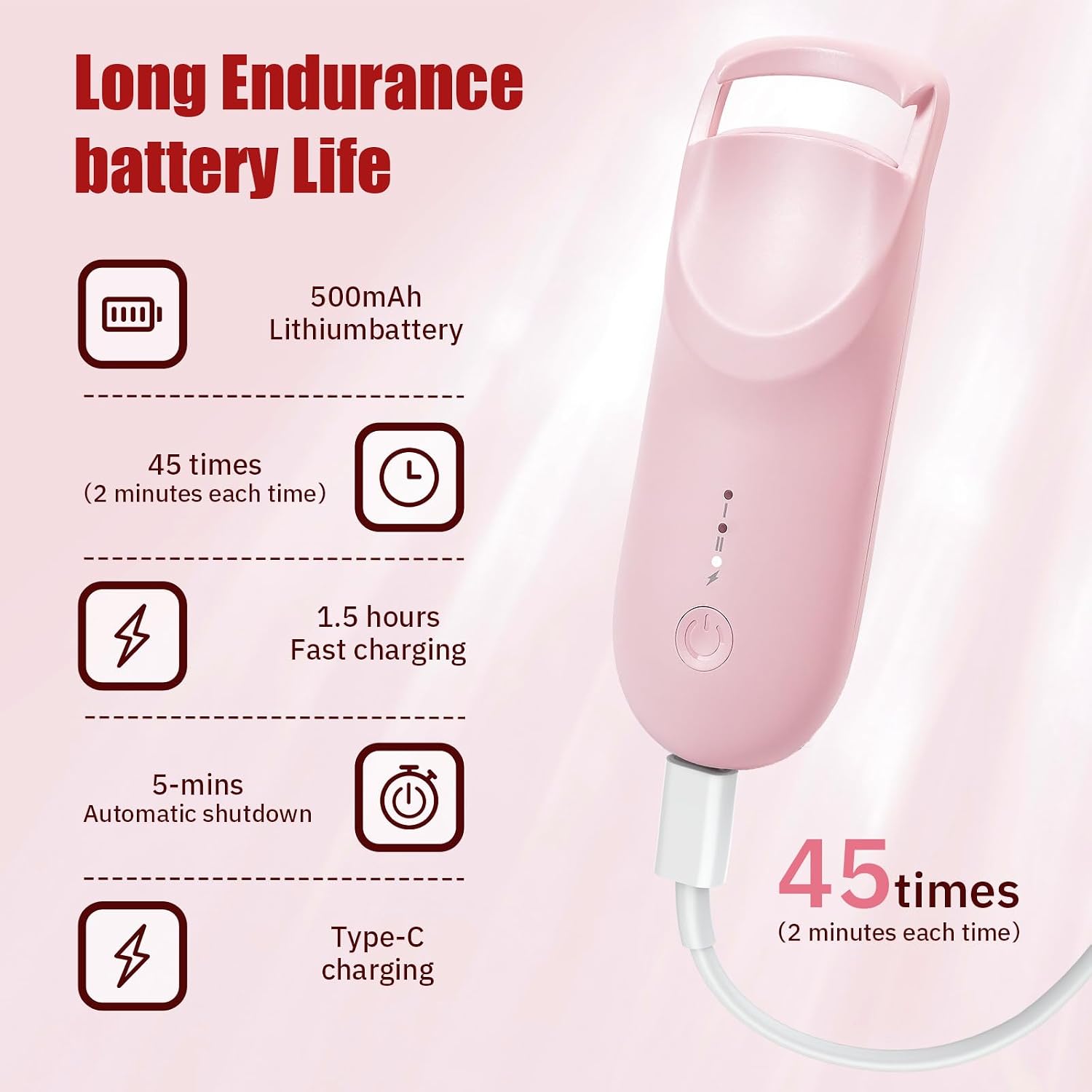 Upgrade Heated Eyelash Curler, Electric Eyelash Curler with 5s Fast Heating, Type-C Rechargeable, Portable Lash Curler, Long-Lasting Lash Lift, Natural Style, Heat-Sensitive Pad (Pink)