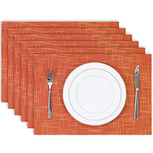 Kevin Textile Burlap Linen Placemats Set of 6 Heat Resistant Dining Table Place Mats Washable Kitchen Table Mats for Dinning Party Holiday Indoor Outdoor, 13 x19 inches, Orange