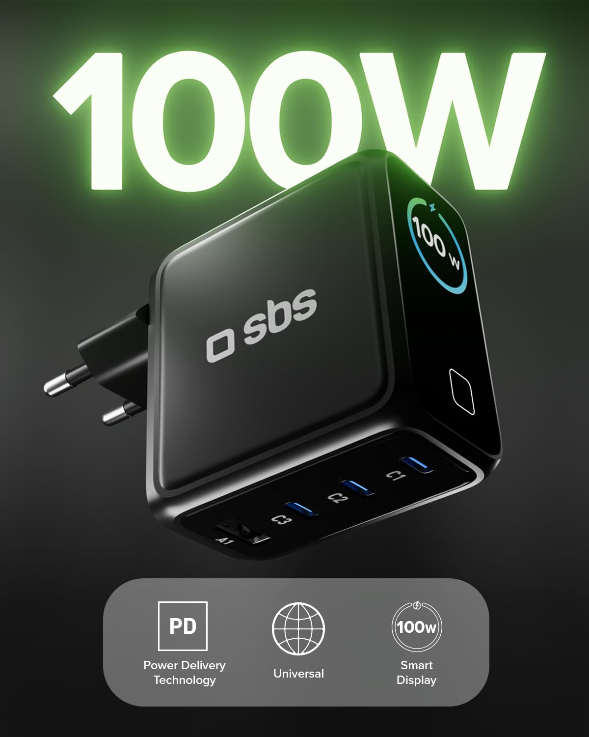 SBS Pulse Power 100 W USB-C, GaN Technology, Power Delivery (PD 3.0 PPS), inteligentny wyświetlacz AI, sterowanie dotykowe, AFC, szybkie ładowanie, do Notebooka, Tabletu, iPhone’a i Androida