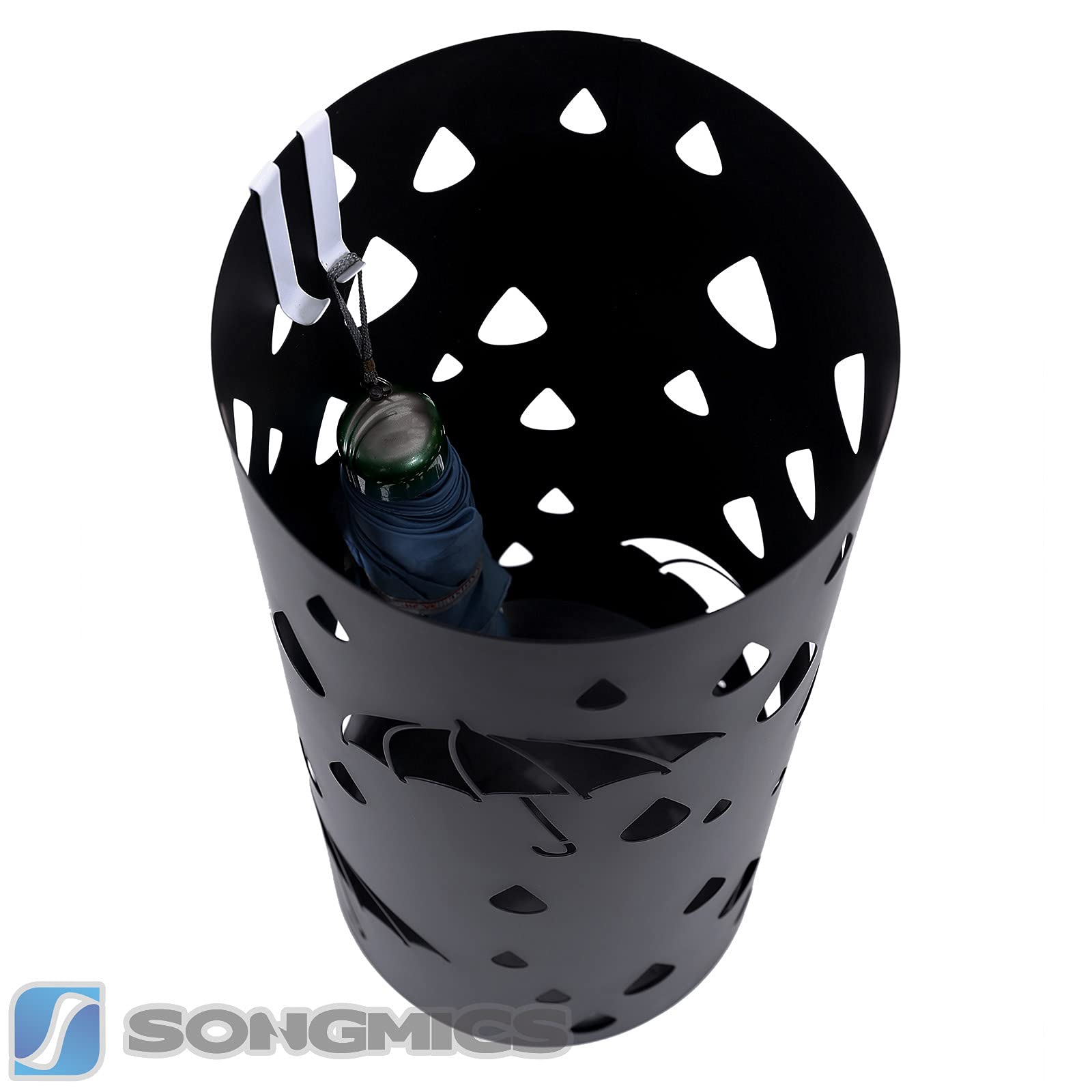 SONGMICS Paragüero de Metal, Cilindrico, Soporte de Paragüas, con Gancho, Bandeja de Goteo, Ø19,5 x 49 cm, Negro