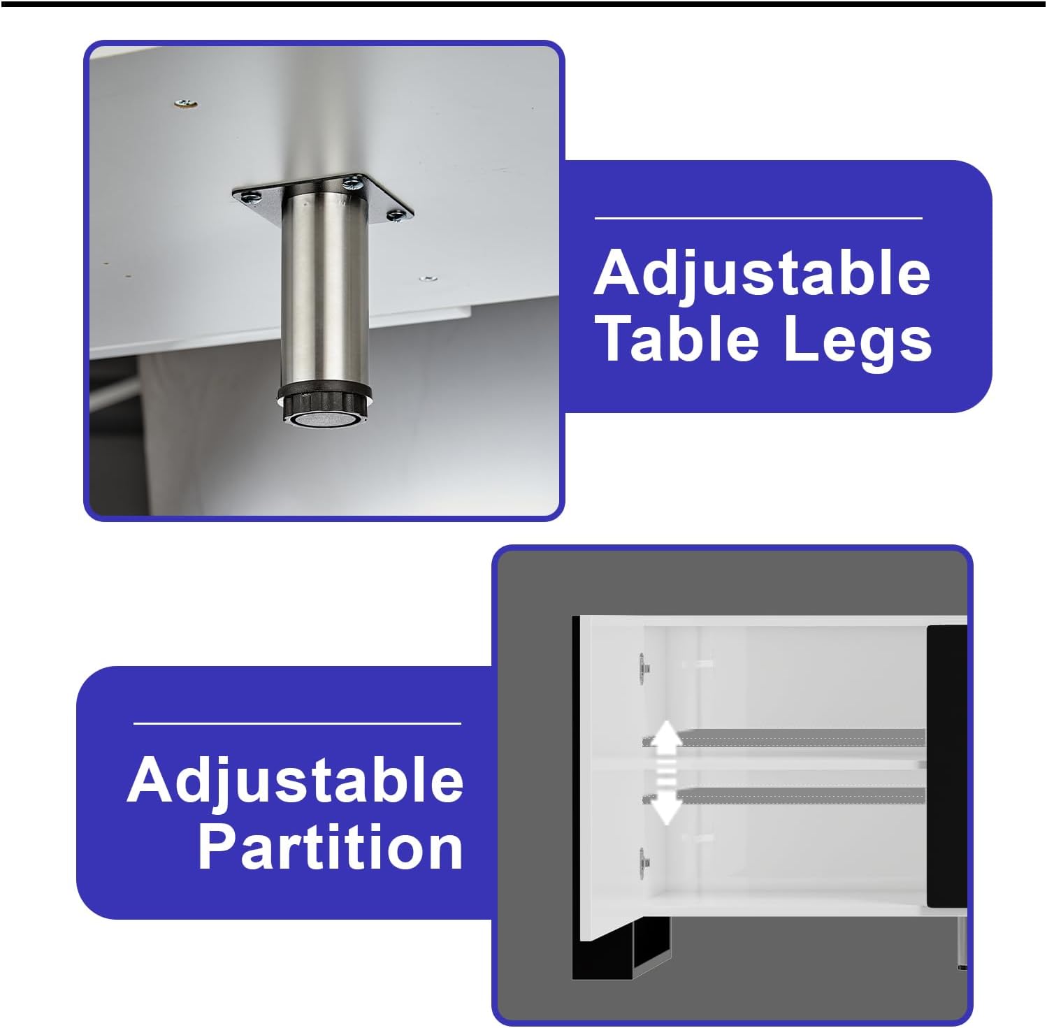 Close-up images showing adjustable table legs and an adjustable partition inside a cabinet, highlighting customization options.