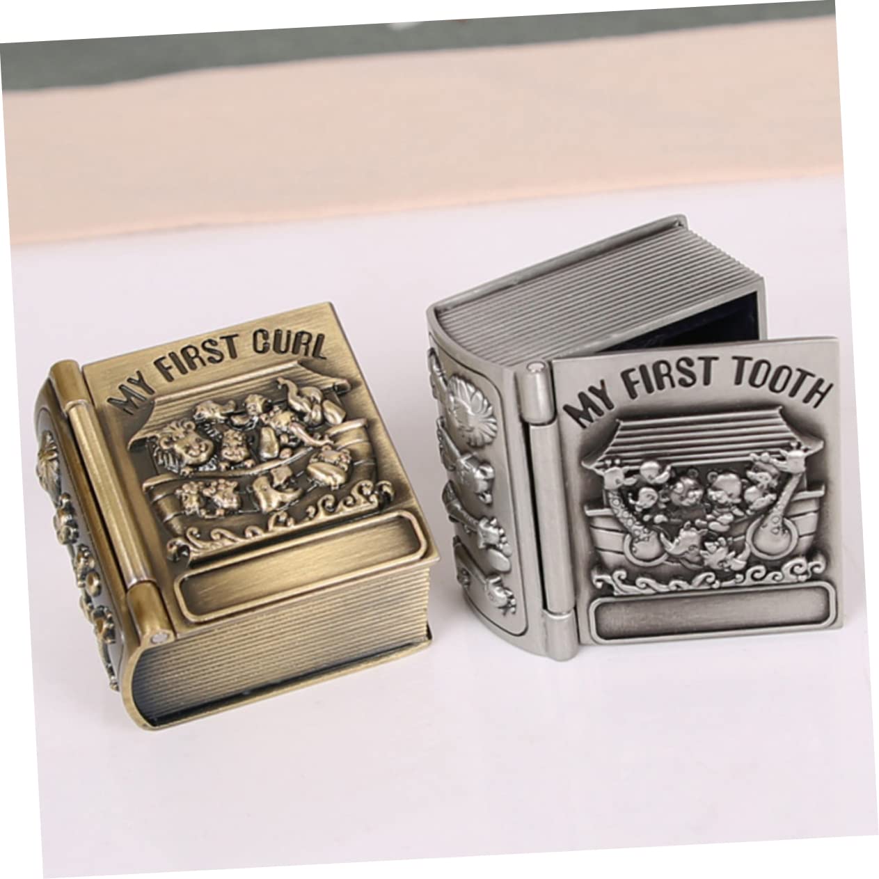 Toddmomy Baby Tooth Keepsake Box Metal Jewelry Box for Fetal Hair Baby Teeth Storage Book Shape for Boys and Girls for Christmas Birthdays