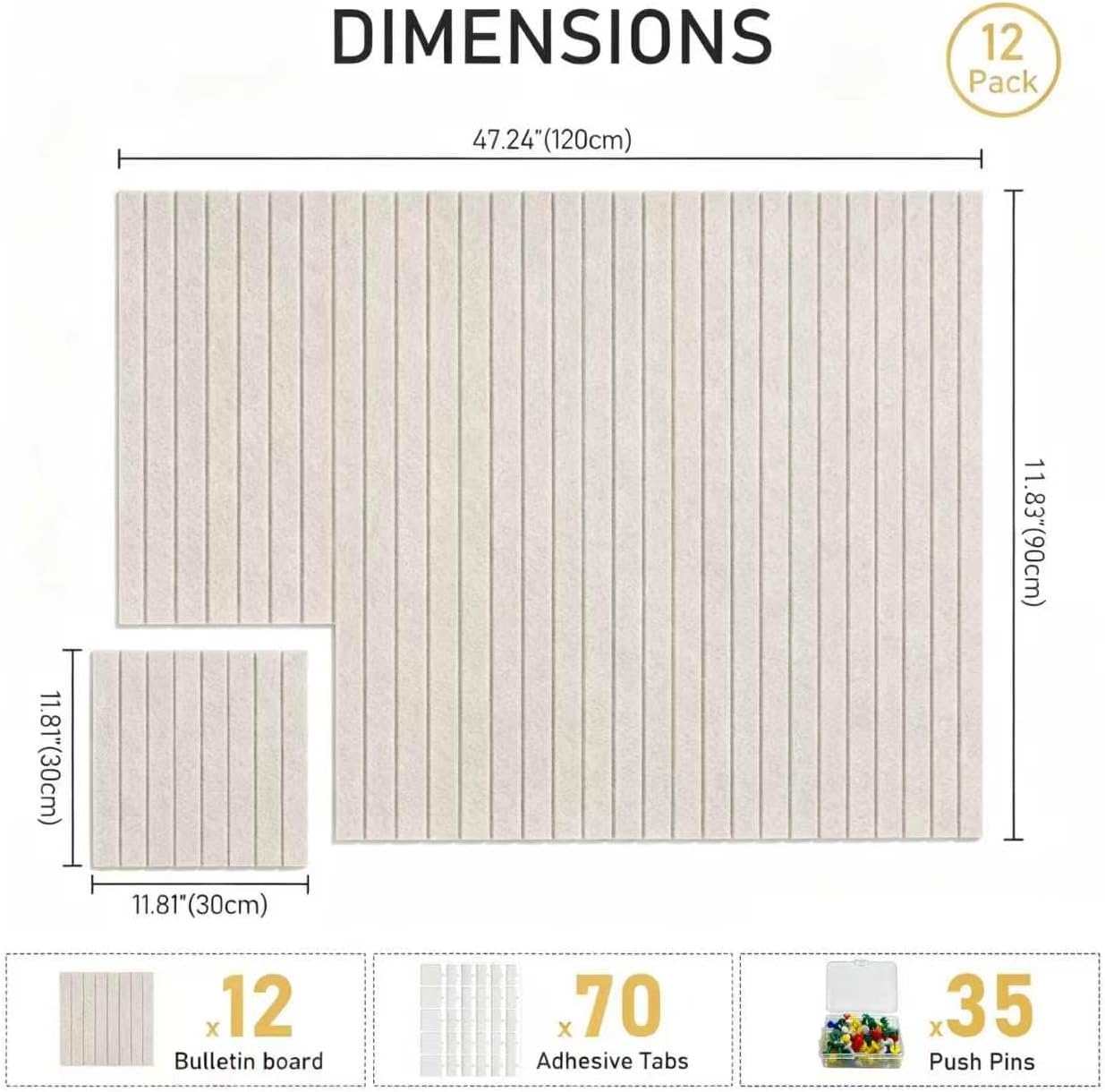 Felt Bulletin Board 48"x36" Large - Cork Board Alternative, 12-Pack Felt Wall Tiles with 70 Adhesive Tabs & 35 Pushpins, Pin Board for Home Office Decor, Oatmeal